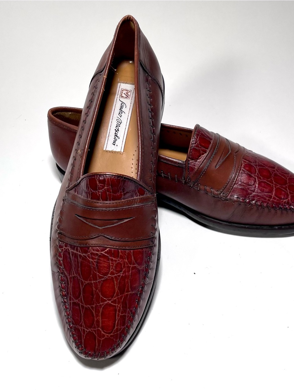 Sandro Moscoloni Men's 9.5 M Brown Leather Crocodile Embossed Penny Loafers
